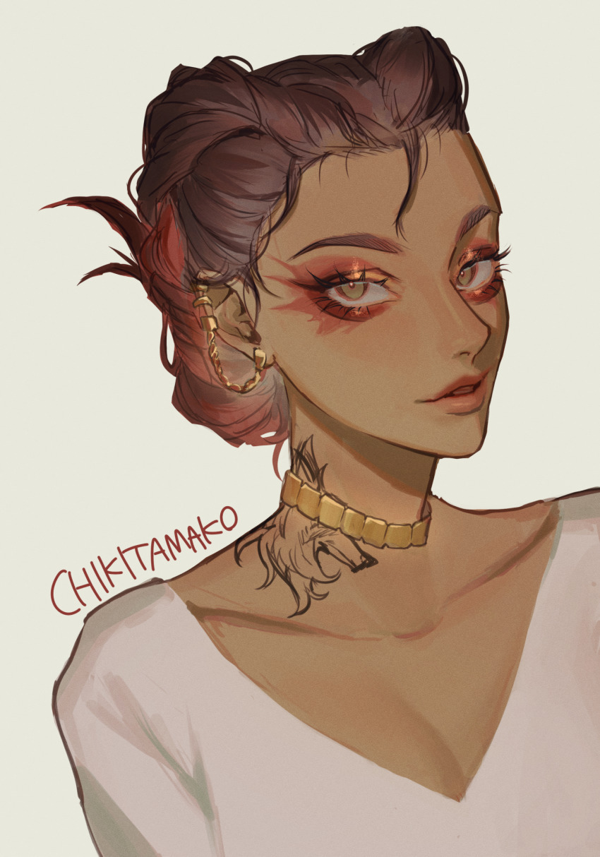 1girl, alternate_hairstyle, apex_legends, breasts, brown_eyes, brown_hair, chikitamako, cleavage