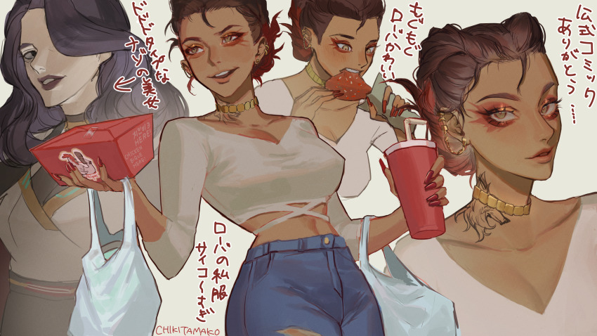 2girls, absurdres, alternate_hairstyle, apex_legends, black_hair, breasts, brown_eyes, brown_hair, chicken_(food), chicken_leg, chikitamako, cleavage, collarbone, cropped_shirt, dark-skinned_female, dark_skin, denim, eating, eyeshadow, food, gold_choker, gradient_hair, grey_background, hair_behind_ear, hair_over_one_eye, highres, holding, holding_food, jeans, loba_(apex_legends), looking_to_the_side, makeup, medium_breasts, multicolored_hair, multiple_girls, multiple_views, neck_tattoo, official_alternate_costume, official_alternate_hairstyle, open_mouth, pants, parted_lips, portrait, red_eyeshadow, red_hair, shirt, smile, tattoo, the_widow_(apex_legends), translation_request, v-neck, white_shirt