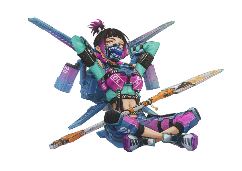 1girl, absurdres, animification, apex_legends, aqua_jacket, black_hair, clothing_cutout, cropped_jacket