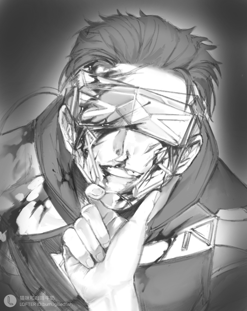 1boy, 1other, animification, apex_legends, blood, blood_on_arm, blood_on_face, broken_mask, duoqing_hanzhe, fast_fashion_octane, goggles, greyscale, hair_behind_ear, hair_slicked_back, hand_on_another's_chin, head-mounted_display, highres, jacket, lofter_logo, lofter_username, looking_at_viewer, male_focus, mask, monochrome, octane_(apex_legends), official_alternate_costume, pov, smile, solo_focus, watermark