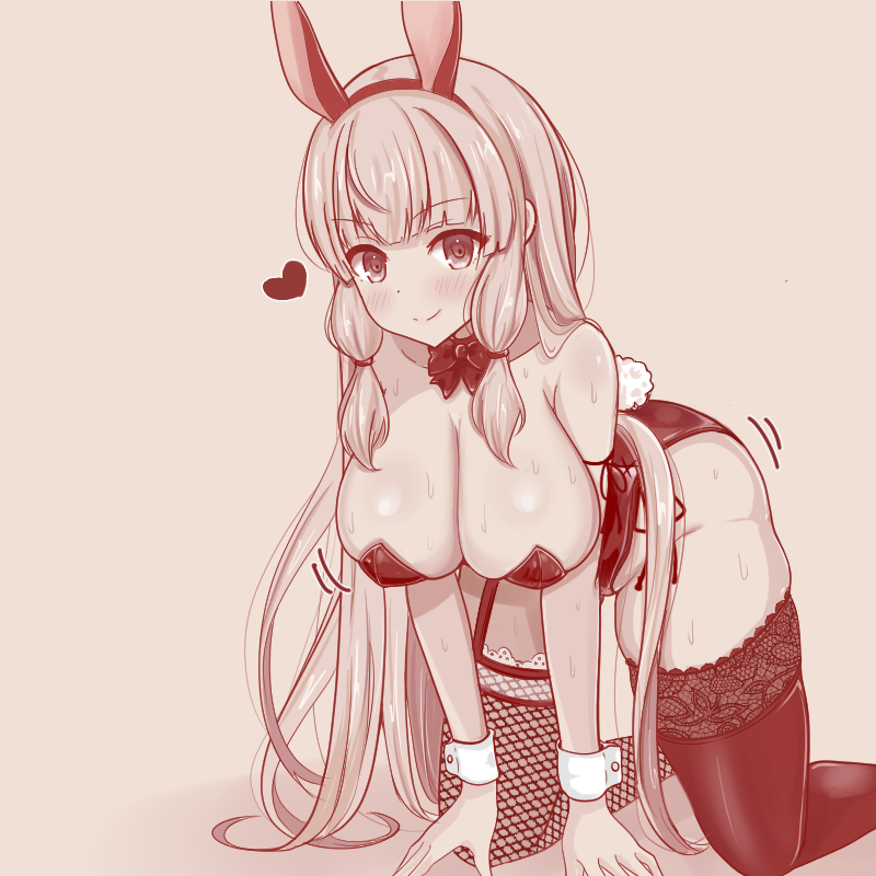 1girl, all_fours, animal_ears, ankuru_(ankle_art2), assault_lily, asymmetrical_legwear, bare_shoulders, blush, bow, bowtie, breasts, brown_background, brown_theme, cleavage, closed_mouth, commentary_request, fake_animal_ears, fake_tail, fishnet_thighhighs, fishnets, foot_out_of_frame, garter_straps, hair_tie, hairband, hanging_breasts, heart, highleg, highleg_leotard, lace, lace-trimmed_legwear, lace-trimmed_thighhighs, lace_trim, large_breasts, leotard, long_hair, looking_at_viewer, mismatched_legwear, monochrome, motion_lines, playboy_bunny, rabbit_ears, rabbit_tail, side-tie_leotard, sidelocks, simple_background, single_garter_strap, smile, solo, strapless, strapless_leotard, sweat, tachihara_sayu, tail, thighhighs, v-shaped_eyebrows, very_long_hair, wrist_cuffs