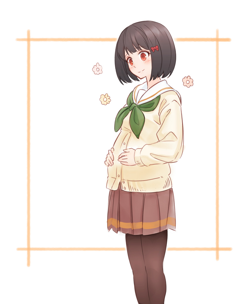 1777_kaki, 1girl, absurdres, black_hair, black_pantyhose, bow, brown_skirt, cardigan, flower, green_neckerchief, hair_bow, highres, long_sleeves, neckerchief, original, pantyhose, pleated_skirt, pregnant, red_bow, red_eyes, school_uniform, serafuku, short_hair, simple_background, skirt, smile, solo, white_background