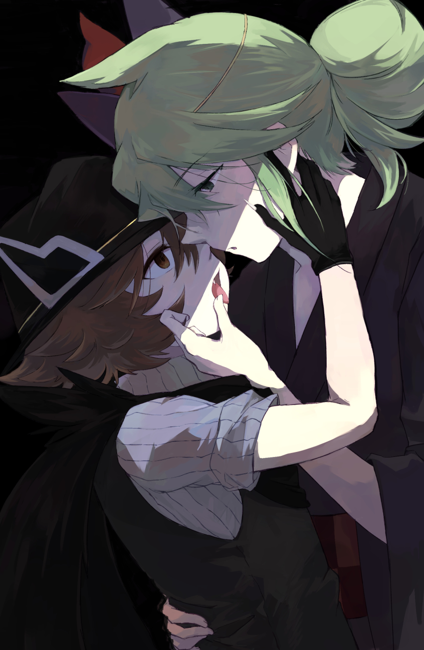 2boys, absurdres, black_background, black_gloves, black_headwear, black_vest, brown_eyes, brown_hair