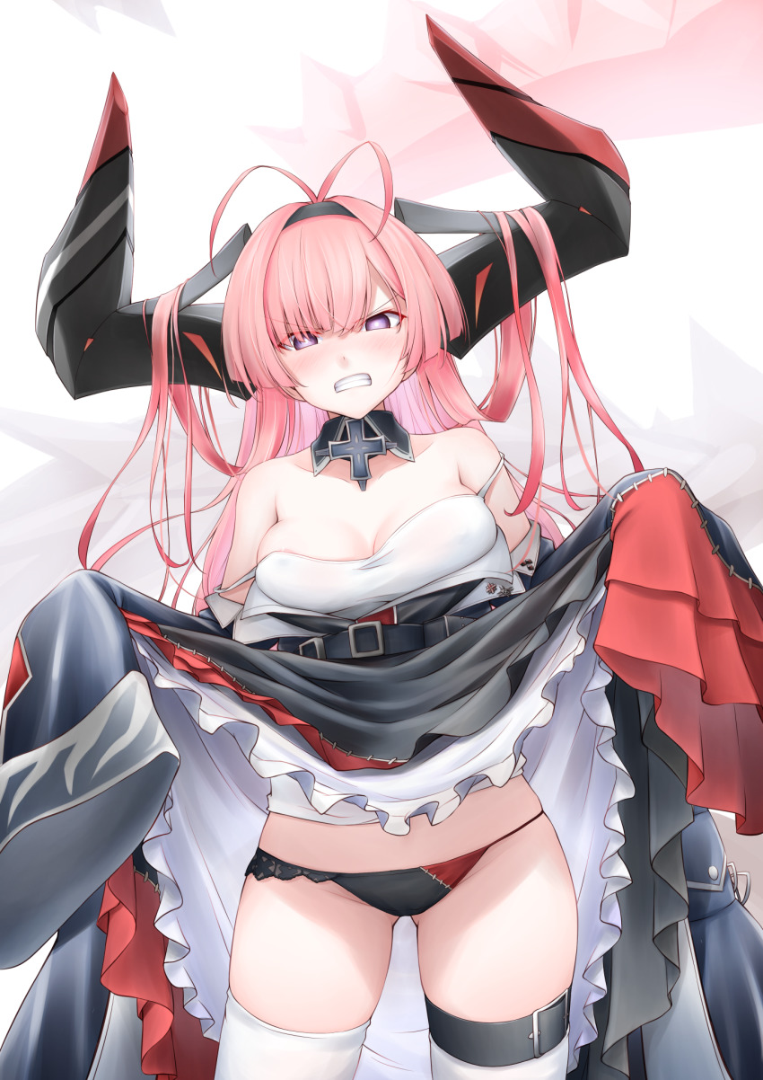 1girl, ahoge, antenna_hair, azur_lane, belt, camisole, clothes_lift, cross