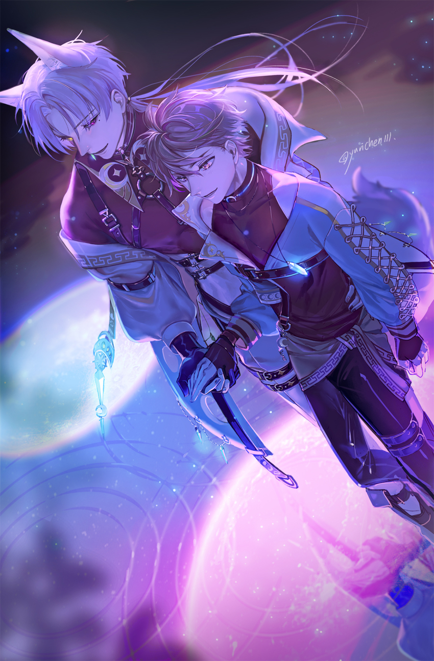 2boys, animal_ears, bishounen, black_gloves, brown_eyes, brown_hair, chest_harness, eiden_(astral_duo)_(nu_carnival), eiden_(nu_carnival), fox_boy, fox_ears, fox_tail, gloves, hand_grab, harness, highres, jewelry, kuya_(lakeside_spark)_(nu_carnival), kuya_(nu_carnival), long_hair, long_sleeves, looking_at_another, male_focus, mole, mole_under_eye, multiple_boys, nu_carnival, purple_eyes, purple_hair, short_hair, smile, tail, wading, waves, yellow_eyes, yurichen111