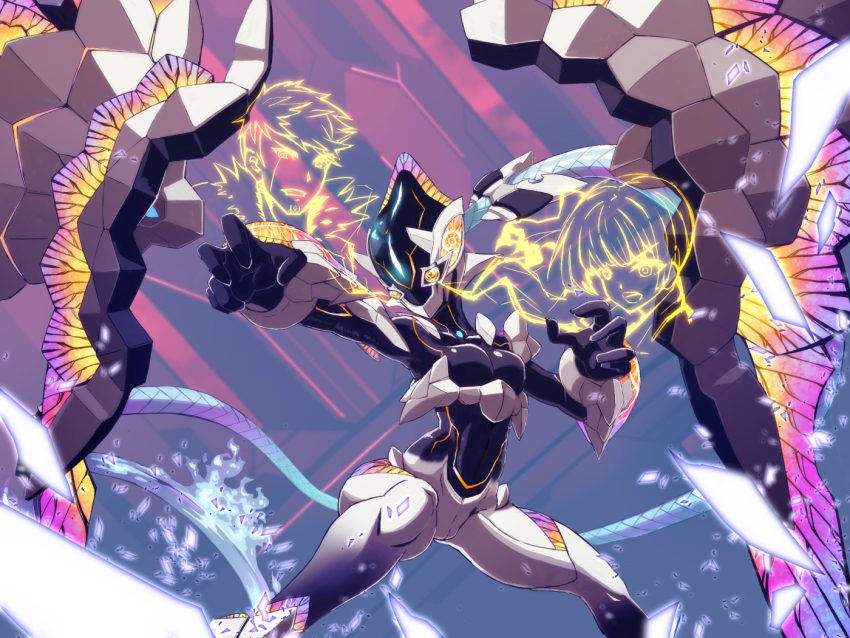 1boy, 1girl, blue_fire, breasts, cut-in, detached_wings, fighting_stance, fire, lanz_(xenoblade), ouroboros_(xenoblade), ridai_(rx-78-5yori), sena_(ouroboros)_(xenoblade), sena_(xenoblade), shards, wings, xenoblade_chronicles_(series), xenoblade_chronicles_3