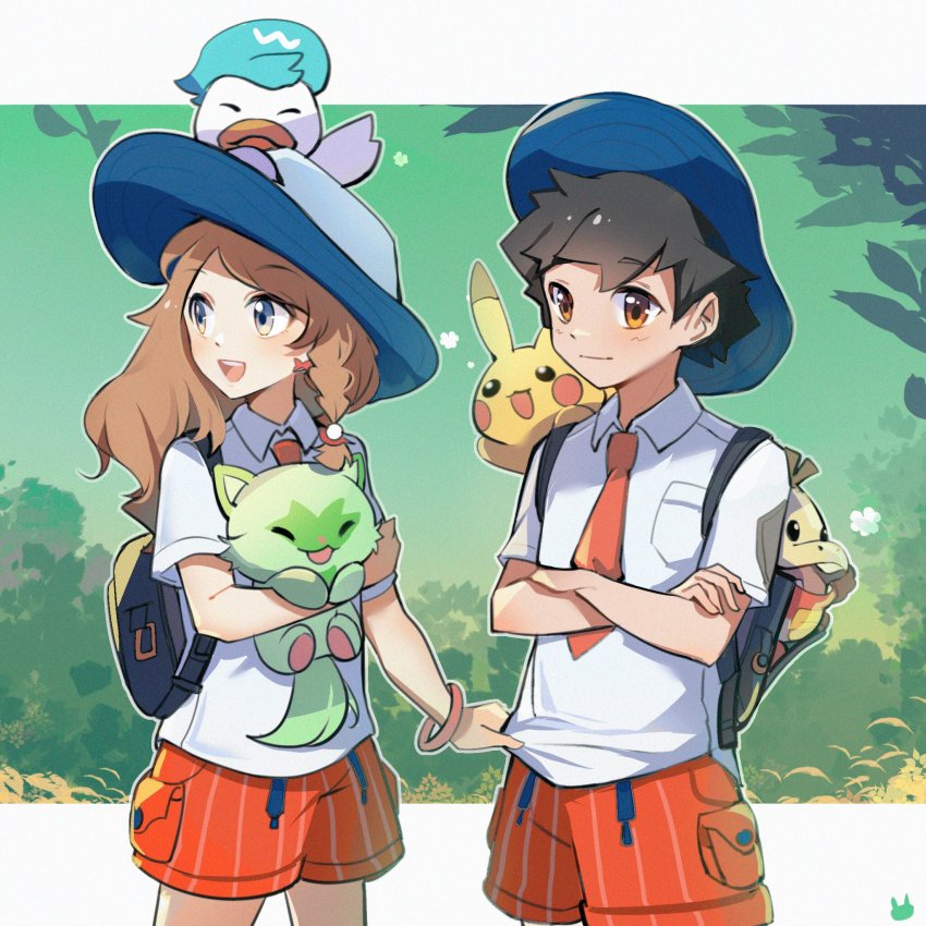 1boy, 1girl, :d, ash_ketchum, backpack, bag, blue_headwear, bracelet