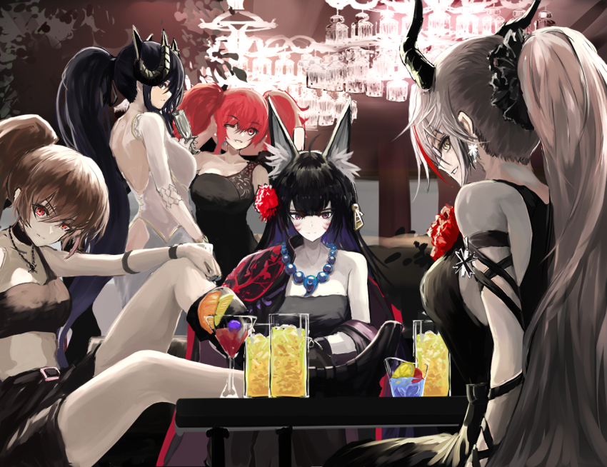 5girls, aegir_(azur_lane), alternate_costume, animal_ear_fluff, animal_ears, august_von_parseval_(azur_lane), azur_lane, backless_dress, backless_outfit, bare_back, belt, black_belt, black_choker, black_dress, black_footwear, black_hair, black_horns, black_shorts, boots, breasts, bremerton_(azur_lane), brown_hair, choker, cocktail_glass, cup, curled_horns, demon_horns, dmno#0, dress, drinking_glass, horns, jean_bart_(azur_lane), jewelry, large_breasts, long_hair, looking_at_viewer, magatama, magatama_necklace, medium_breasts, midriff, multicolored_hair, multiple_girls, musashi_(azur_lane), necklace, ponytail, purple_eyes, red_hair, shorts, strapless, strapless_dress, streaked_hair, twintails, two-tone_hair, white_dress