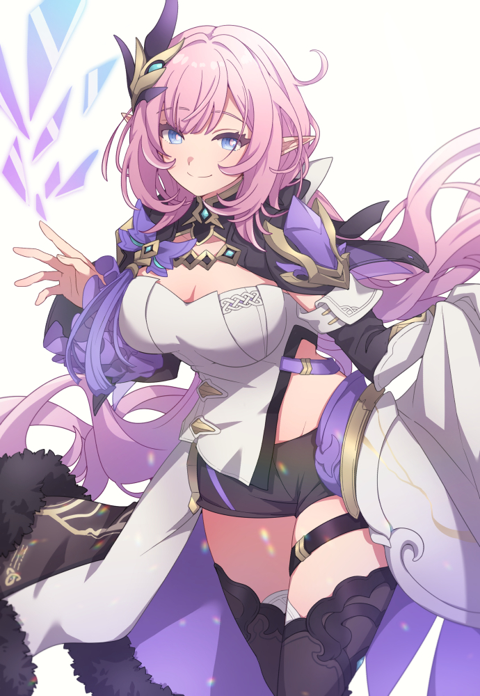 1girl, black_shorts, black_thighhighs, blue_eyes, breasts, cape, cleavage, closed_mouth, commentary, cowboy_shot, dress, elysia_(herrscher_of_human:_ego)_(honkai_impact), elysia_(honkai_impact), elysia_(miss_pink_elf)_(honkai_impact), fur-trimmed_cape, fur_trim, hair_ornament, honkai_(series), honkai_impact_3rd, long_hair, looking_at_viewer, medium_breasts, midriff, pink_hair, pink_pupils, pointy_ears, short_shorts, shorts, simple_background, smile, soha_ez, solo, thigh_strap, thighhighs, very_long_hair, waist_cape, white_background, white_dress, zettai_ryouiki