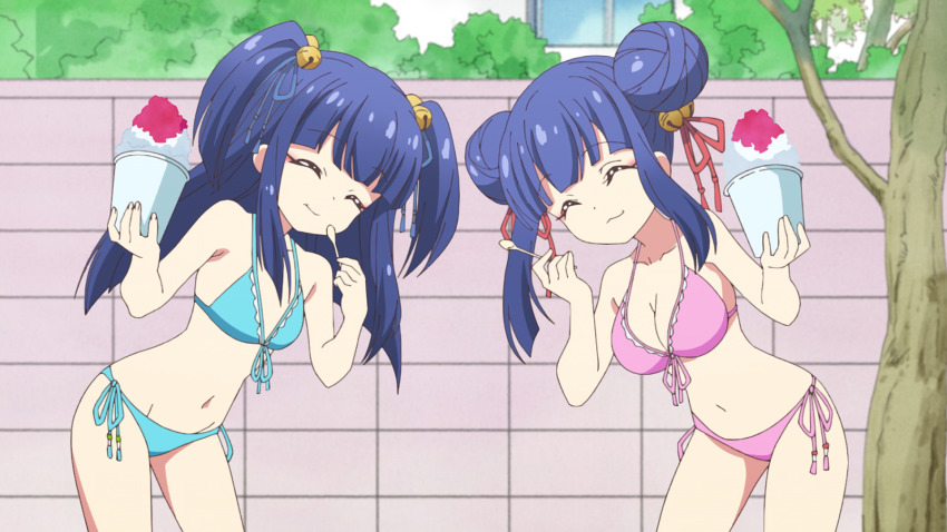 2girls, bell, bikini, blue_bikini, blue_hair, breasts, cleavage, closed_eyes