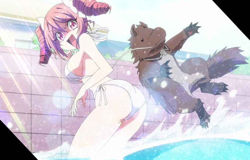 1girl, animal, ass, beth_(jashin-chan_dropkick), bikini, breasts, drill_hair, hair_ribbon, highres, jashin-chan_dropkick, large_breasts, open_mouth, outdoors, pink_eyes, pink_hair, pino_(jashin-chan_dropkick), pool, ribbon, side-tie_bikini_bottom, swimsuit, twin_drills, white_bikini