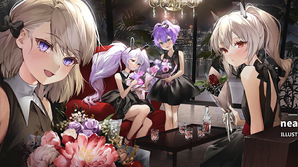 4girls, alternate_costume, animal_ears, ayanami_(azur_lane), azur_lane, bottle, bouquet, chandelier