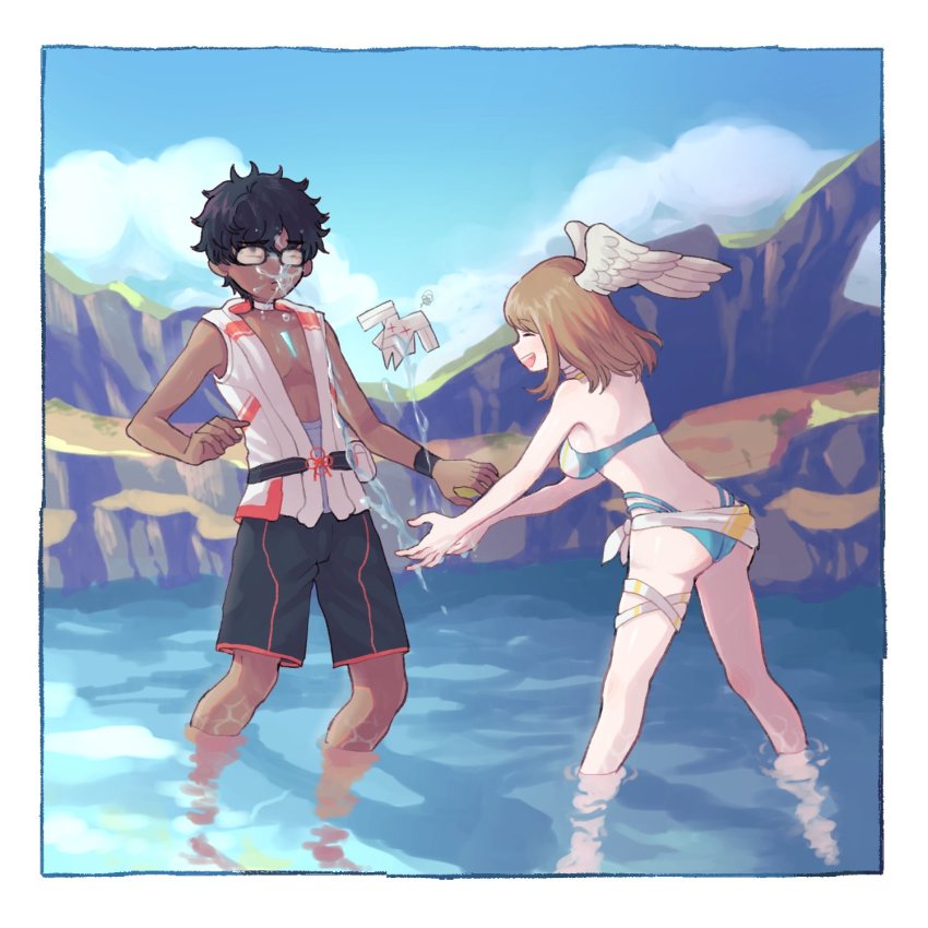 1boy, 1girl, ass, bikini, black_hair, breasts, brown_hair, butt_crack