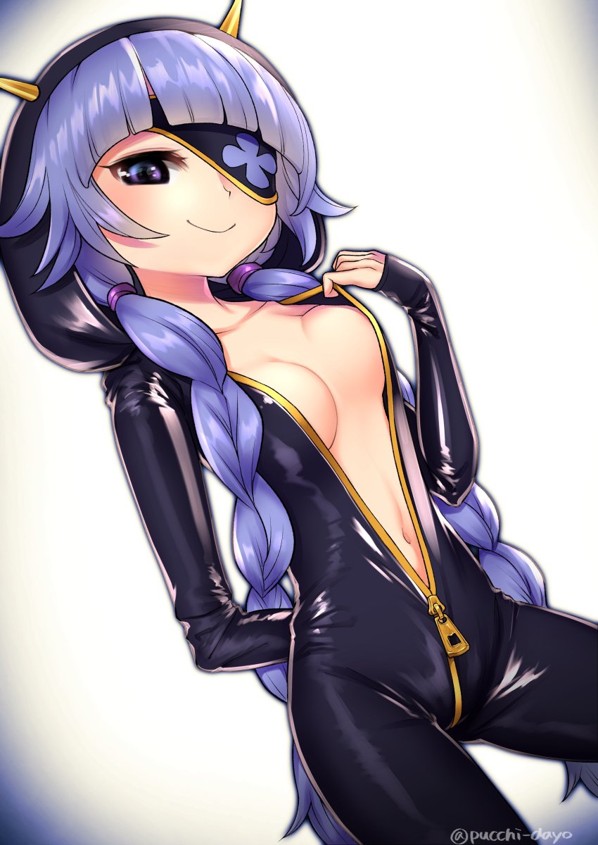 1girl, absurdres, arm_behind_back, black_bodysuit, blunt_bangs, bodysuit, braid, breasts, closed_mouth, collarbone, cowboy_shot, eyepatch, hand_up, highres, hood, hood_up, hooded_bodysuit, latex, latex_bodysuit, legs_apart, long_sleeves, medarot, medarot_9, medium_breasts, navel, puchiman, purple_eyes, purple_hair, saika_(medarot), simple_background, sleeves_past_wrists, smile, solo, twin_braids, twitter_username, white_background, zipper_pull_tab