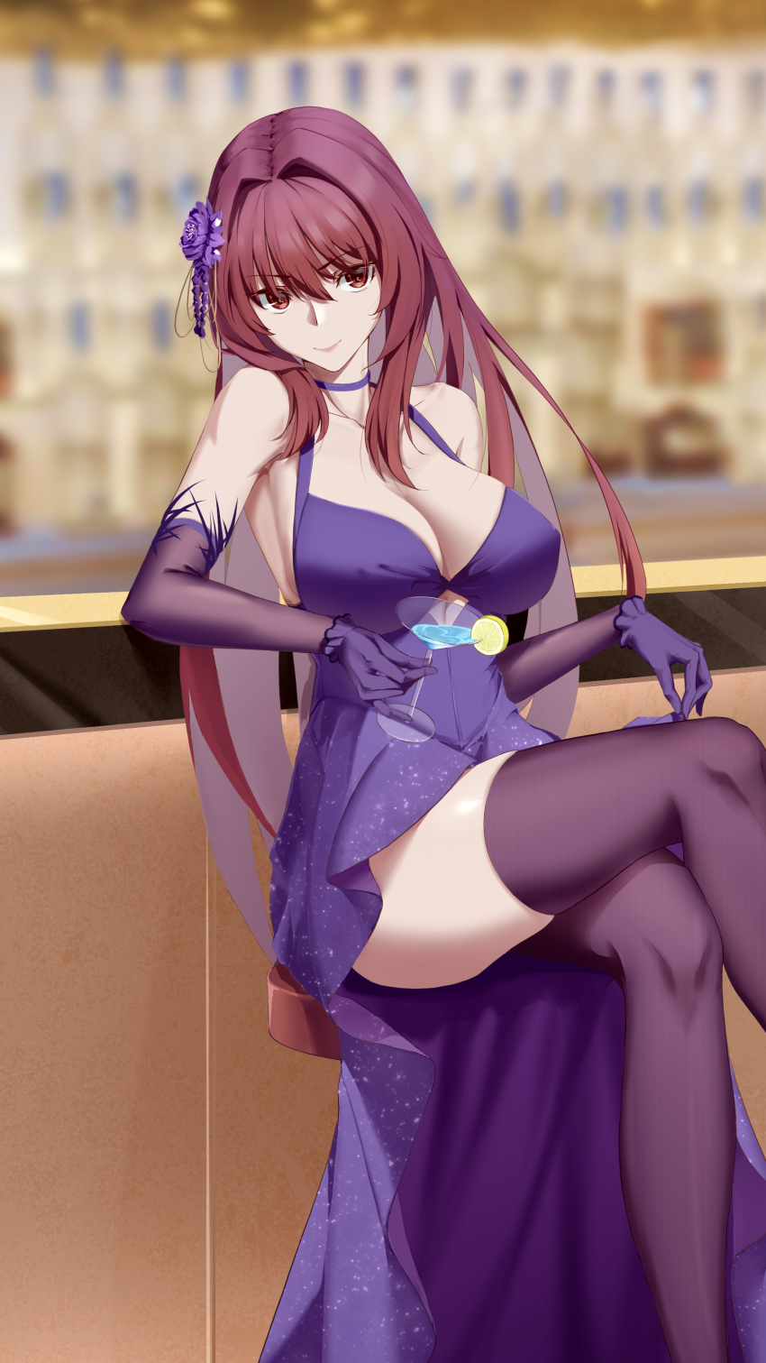 1girl, absurdres, akilv, bar_(place), bar_stool, breasts, choker, cleavage, cocktail_glass, crossed_legs, cup, dress, drink, drinking_glass, elbow_gloves, fate/grand_order, fate_(series), flower, gloves, hair_flower, hair_ornament, highres, indoors, large_breasts, long_hair, looking_at_viewer, purple_dress, purple_gloves, purple_hair, red_eyes, scathach_(fate), scathach_(formal_dress)_(fate), solo, stool, thighhighs