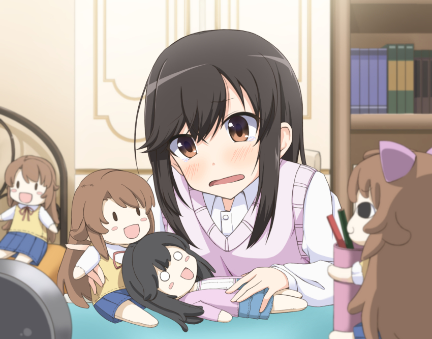 1girl, :3, :d, black_hair, blurry, blush, blush_stickers, book