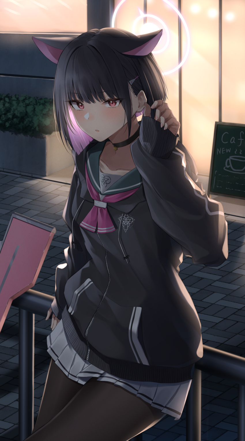 1girl, absurdres, animal_ears, bell, black_collar, black_hair, black_pantyhose, black_sweater