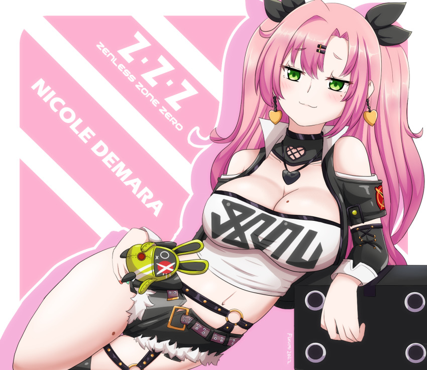 1girl, :3, black_shorts, blush, border, breasts, character_name, copyright_name