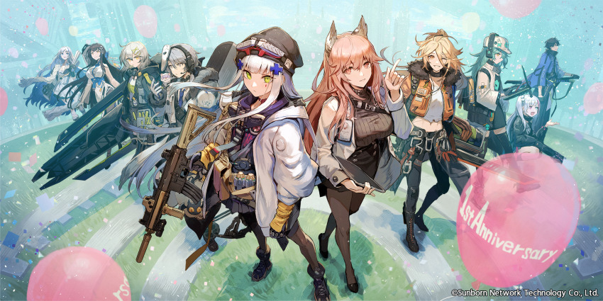 2boys, 6+girls, aki_(neural_cloud), animal_ears, anniversary, antonina_(neural_cloud), aqua_hair, assault_rifle