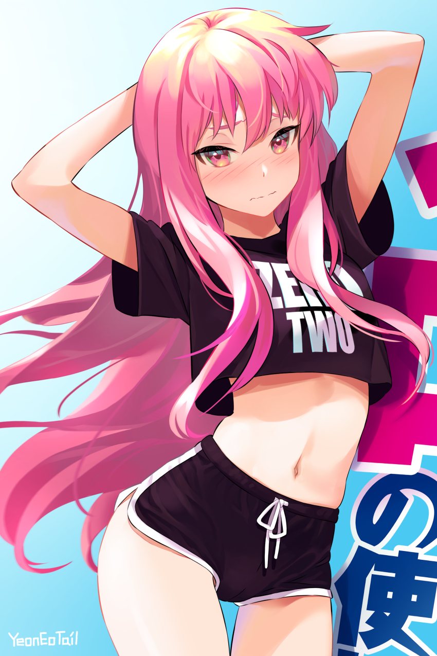 1girl, absurdres, arms_up, artist_name, black_shirt, black_shorts, blush, clothes_writing, commission, contrapposto, copyright_name, crop_top, embarrassed, english_text, gym_shorts, hair_between_eyes, highres, light_frown, long_hair, looking_at_viewer, louise_francoise_le_blanc_de_la_valliere, midriff, navel, pink_eyes, pink_hair, shirt, short_shorts, short_sleeves, shorts, sidelocks, very_long_hair, wavy_mouth, yeoneotail, zero_no_tsukaima