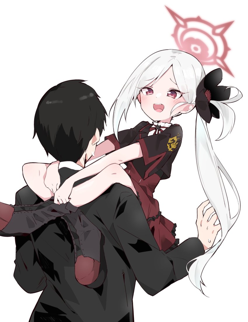 1boy, 1girl, :d, absurdres, arms_around_neck, black_hair, blue_archive, boots, commentary_request, flower, formal_clothes, hair_flower, hair_ornament, halo, highres, hug, leg_lock, long_hair, mutsuki_(blue_archive), ooyama_imo, open_mouth, red_eyes, red_skirt, sensei_(blue_archive), side_ponytail, skirt, smile, suit, white_hair