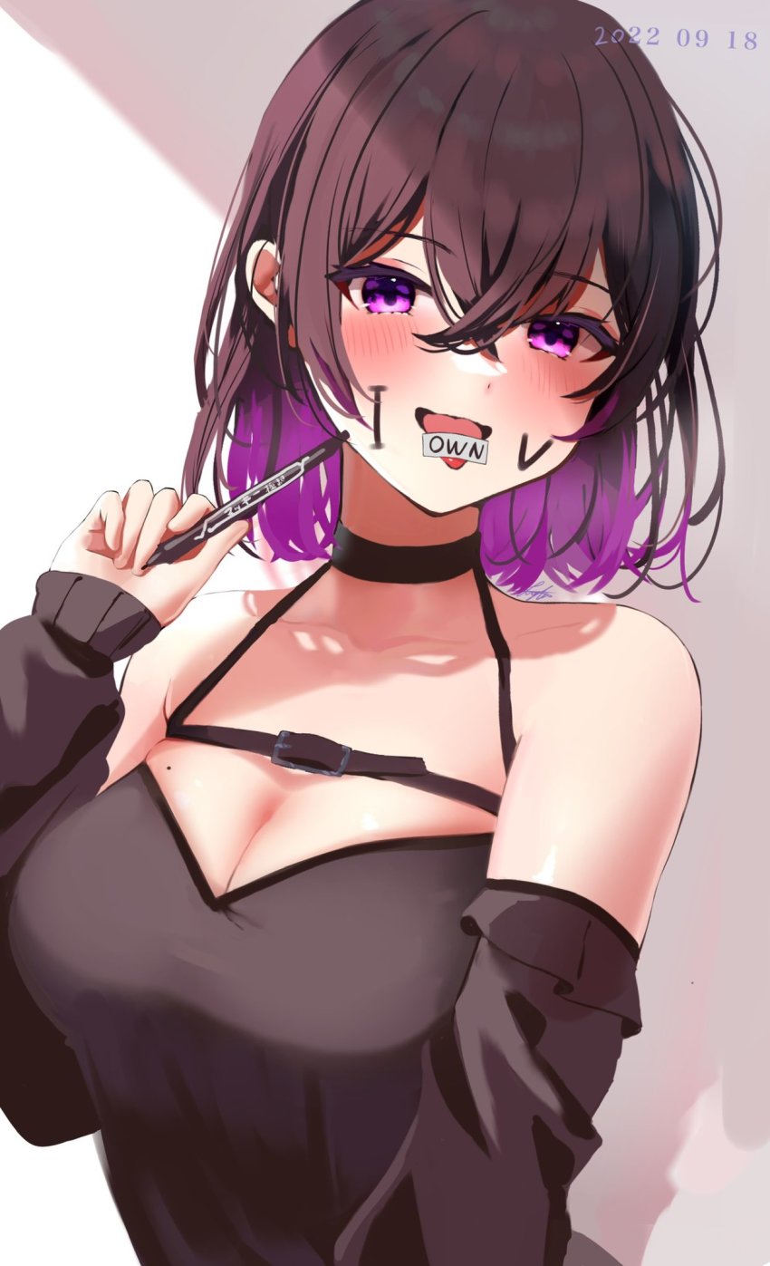 1girl, :o, bare_shoulders, blush, body_writing, borrowed_character, breasts, brown_hair