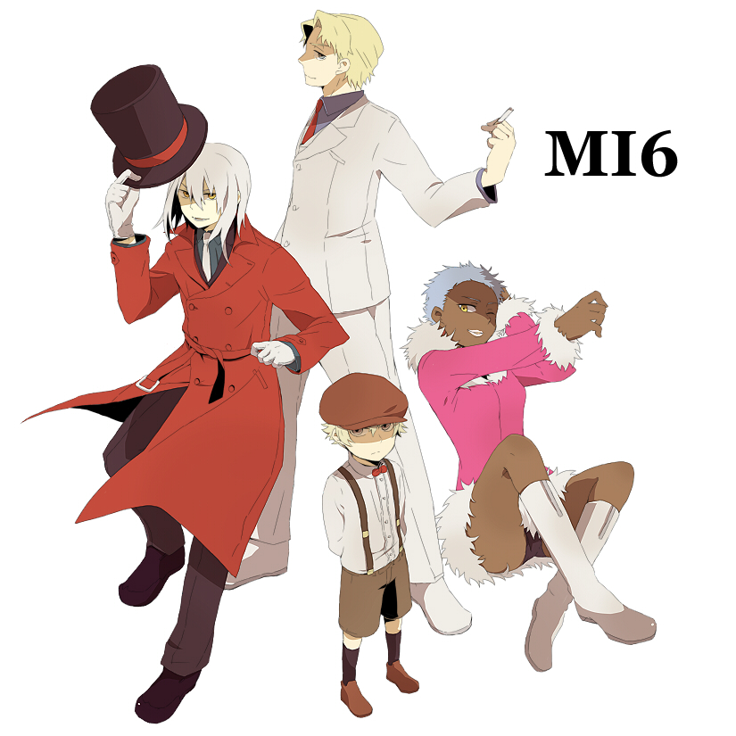 1girl, 3boys, april_(darker_than_black), august_7, blonde_hair, blue_eyes, blue_hair, boots, bow, bowtie, newsboy_cap, cigarette, coat, dark_skin, darker_than_black, formal_clothes, fur, gloves, hat, unworn_hat, unworn_headwear, july_(darker_than_black), leghorn, looking_back, multiple_boys, necktie, november_11_(darker_than_black), one_eye_closed, short_hair, sitting, suit, suspenders, top_hat, traditional_bowtie, trench_coat, white_hair, wink, yellow_eyes
