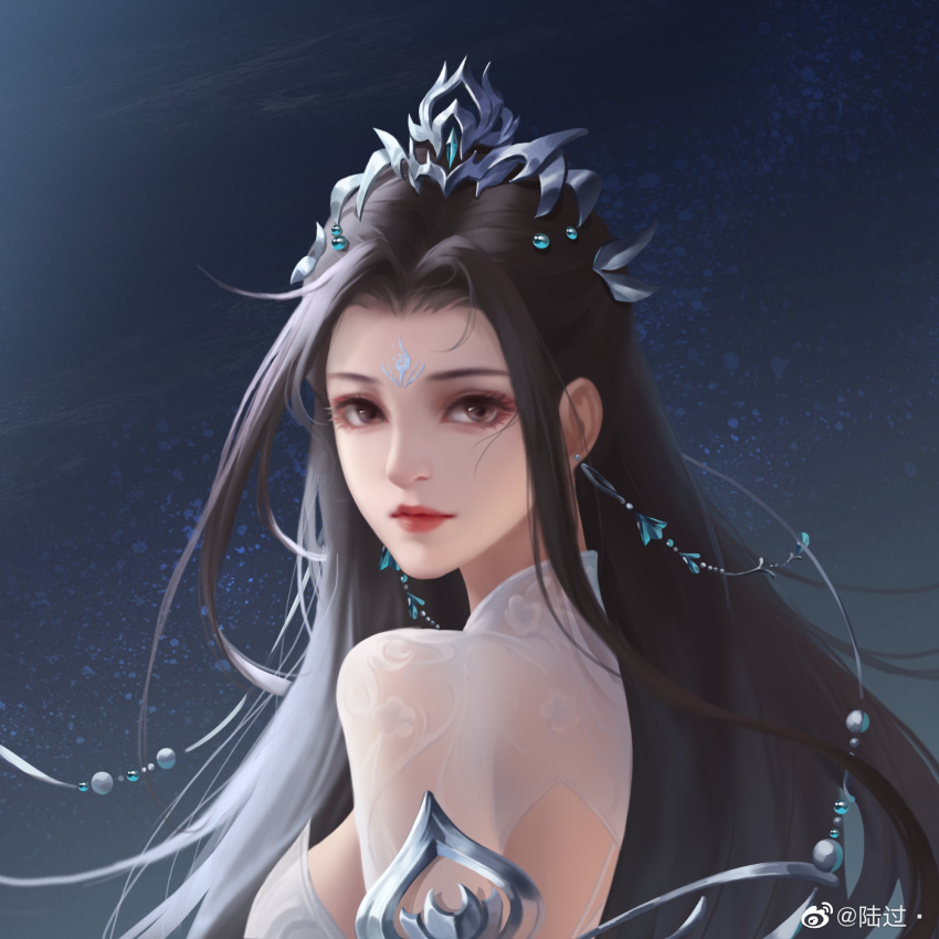1girl, aathenes_luo_guo, back_cutout, black_background, black_hair, closed_mouth, clothing_cutout, dress, earrings, expressionless, from_side, hair_ornament, highres, jewelry, long_hair, looking_at_viewer, lu_xueqi_(zhu_xian), solo, upper_body, white_dress, zhu_xian