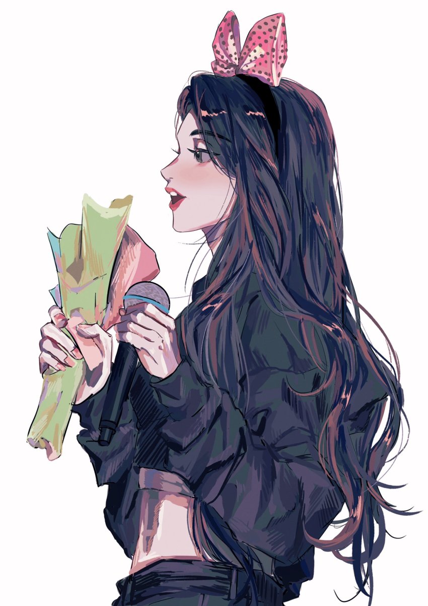 1girl, black_hair, black_shirt, bow, bow_hairband, chinese_commentary, commentary_request, from_side