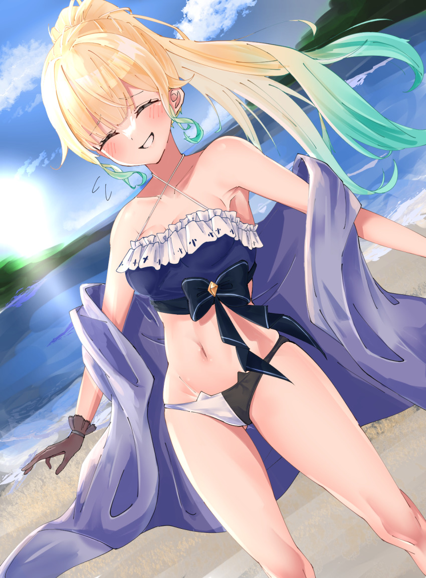 1girl, aizawa_ema, armpits, beach, bikini, black_bikini, black_bow, black_gloves