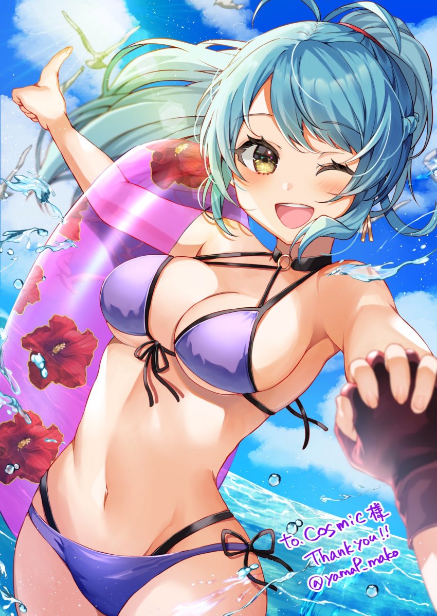 1girl, :d, bikini, blue_hair, blush, breasts, fire_emblem, fire_emblem_heroes