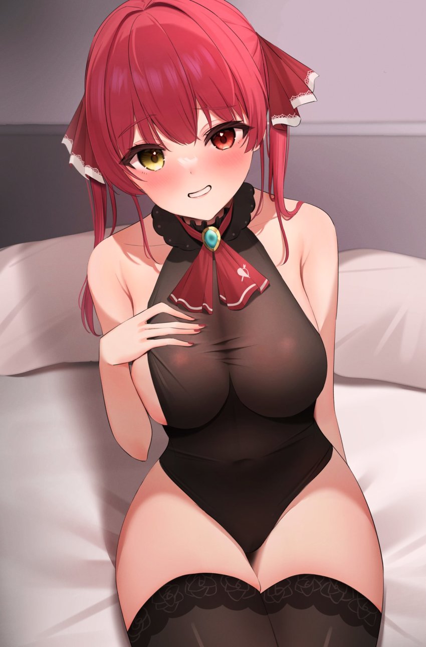 1girl, ascot, black_leotard, black_thighhighs, blush, breasts, grin, hair_ribbon, highres, hololive, houshou_marine, indoors, large_breasts, leotard, long_hair, looking_at_viewer, mikumineko, nail_polish, on_bed, pillow, red_ascot, red_eyes, red_hair, red_nails, red_ribbon, ribbon, sitting, smile, solo, thighhighs, twintails, virtual_youtuber, yellow_eyes