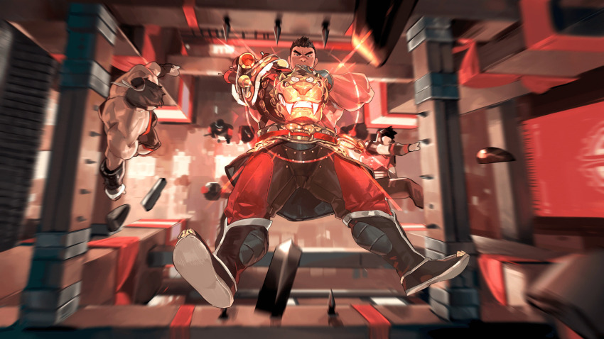 alternate_costume, baggy_pants, black_hair, boots, brian_(gyee), falling, fire, gun, gyee, highres, looking_at_viewer, male_focus, mature_male, multiple_boys, muscular, muscular_male, non-web_source, official_alternate_costume, official_art, pants, rock, rocket, scar, scar_on_face, short_hair, skirt, sparkle, spiked_hair, spikes, thighs, tooboshoo, weapon