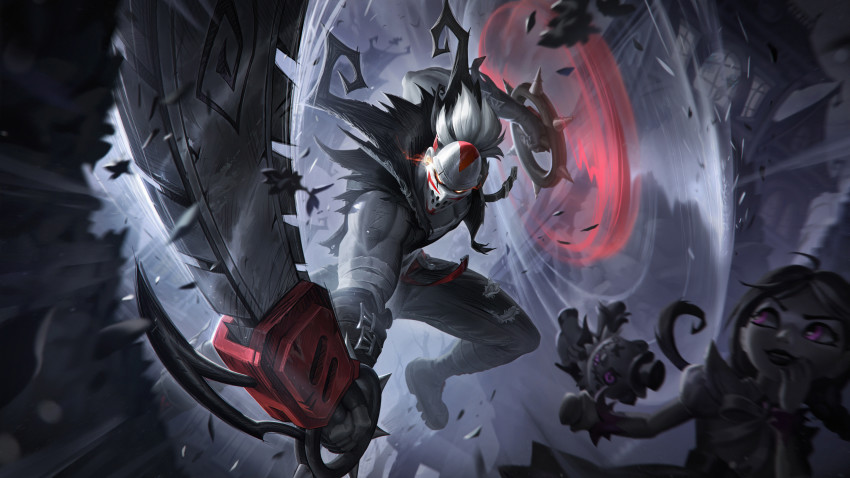 1boy, 1girl, absurdres, annie_(league_of_legends), bandages, biceps, black_gloves, black_hair