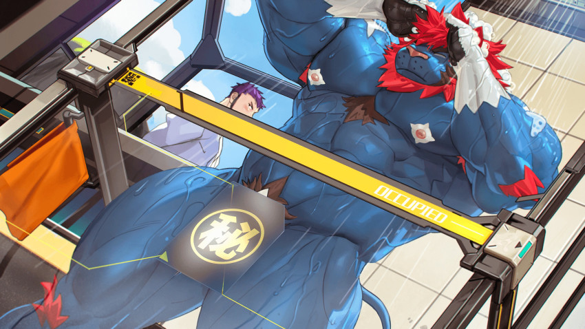 2boys, abs, armpit_hair, armpits, bara, beard, biceps, black_eyes