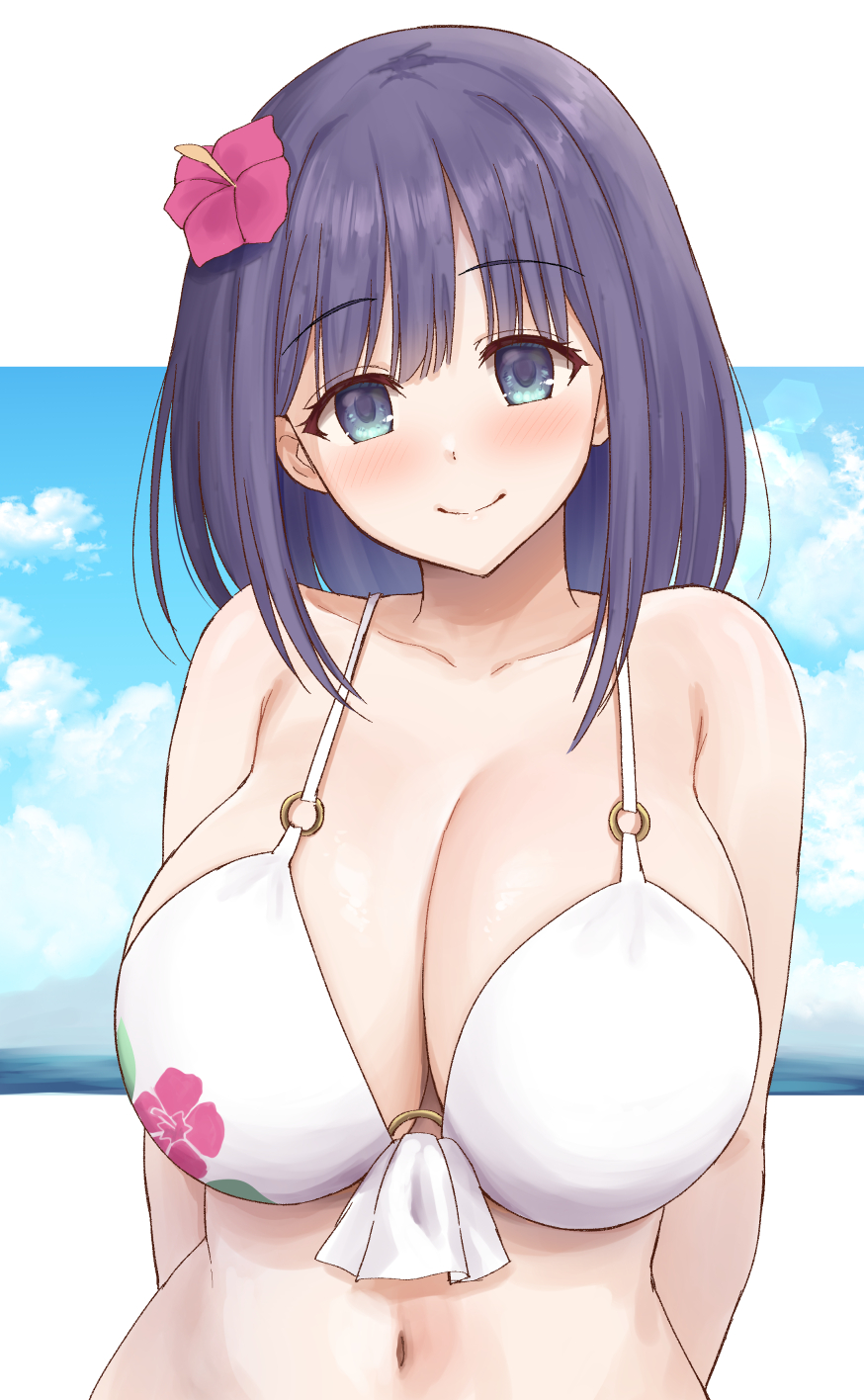 1girl, bikini, blue_eyes, blush, breasts, cloud, floral_print, flower, hair_flower, hair_ornament, highres, huge_breasts, looking_at_viewer, medium_hair, misora_(princess_connect!), misora_(summer)_(princess_connect!), o-ring, o-ring_top, princess_connect!, purple_hair, sky, smile, solo, swimsuit, white_bikini, yue_(show-ei)
