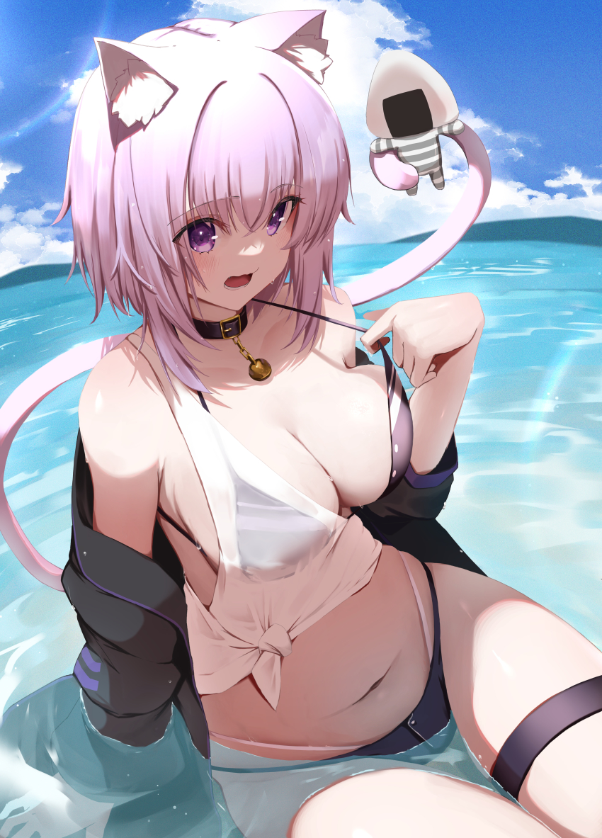 1girl, absurdres, animal_ear_fluff, animal_ears, bell, bikini, bikini_under_clothes, black_bikini
