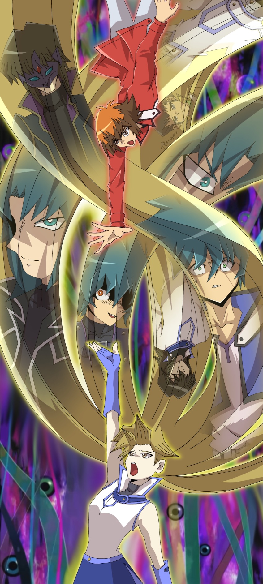 1girl, 5boys, absurdres, alternate_hair_length, alternate_hairstyle, artist_request, aura, bare_shoulders, before_and_after, blonde_hair, blue_gloves, blue_skirt, blush, breasts, brother_and_sister, brown_eyes, brown_hair, card, corruption, derivative_work, female_focus, fingerless_gloves, gloves, green_hair, highres, johan_andersen, long_hair, looking_at_another, marufuji_ryo, mask, misawa_daichi, multiple_boys, multiple_views, obelisk_blue_uniform, pectorals, possession, school_uniform, screenshot_redraw, shiny_clothes, shiny_skin, siblings, skirt, slifer_red_uniform, smile, tenjouin_asuka, tenjouin_fubuki, thick_thighs, thighs, very_long_hair, yu-gi-oh!, yu-gi-oh!_5d's, yu-gi-oh!_gx, yubel