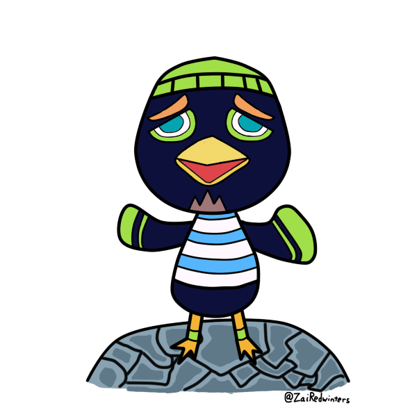 1boy, animal_crossing, blue_shirt, jacques_(animal_crossing), looking_at_viewer, male_focus, nintendo, pavement