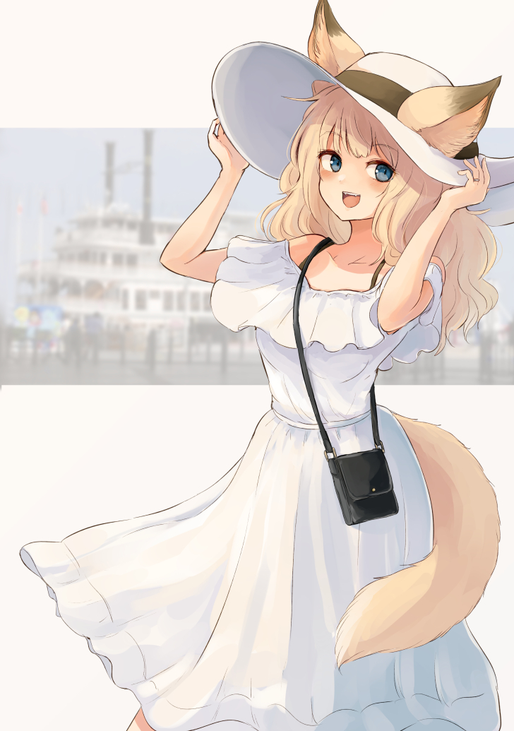 1girl, :d, animal_ear_fluff, animal_ears, arms_up, bag, bare_shoulders, batta_(kanzume_quality), blonde_hair, blue_eyes, blush, collarbone, commentary_request, dress, ears_through_headwear, fangs, fox_ears, fox_girl, fox_tail, hand_on_headwear, hat, jewelry, long_hair, looking_at_viewer, off-shoulder_dress, off_shoulder, open_mouth, original, ring, shoulder_bag, smile, solo_focus, steamboat, sun_hat, tail, teeth, upper_teeth_only, wedding_ring, white_dress, white_headwear