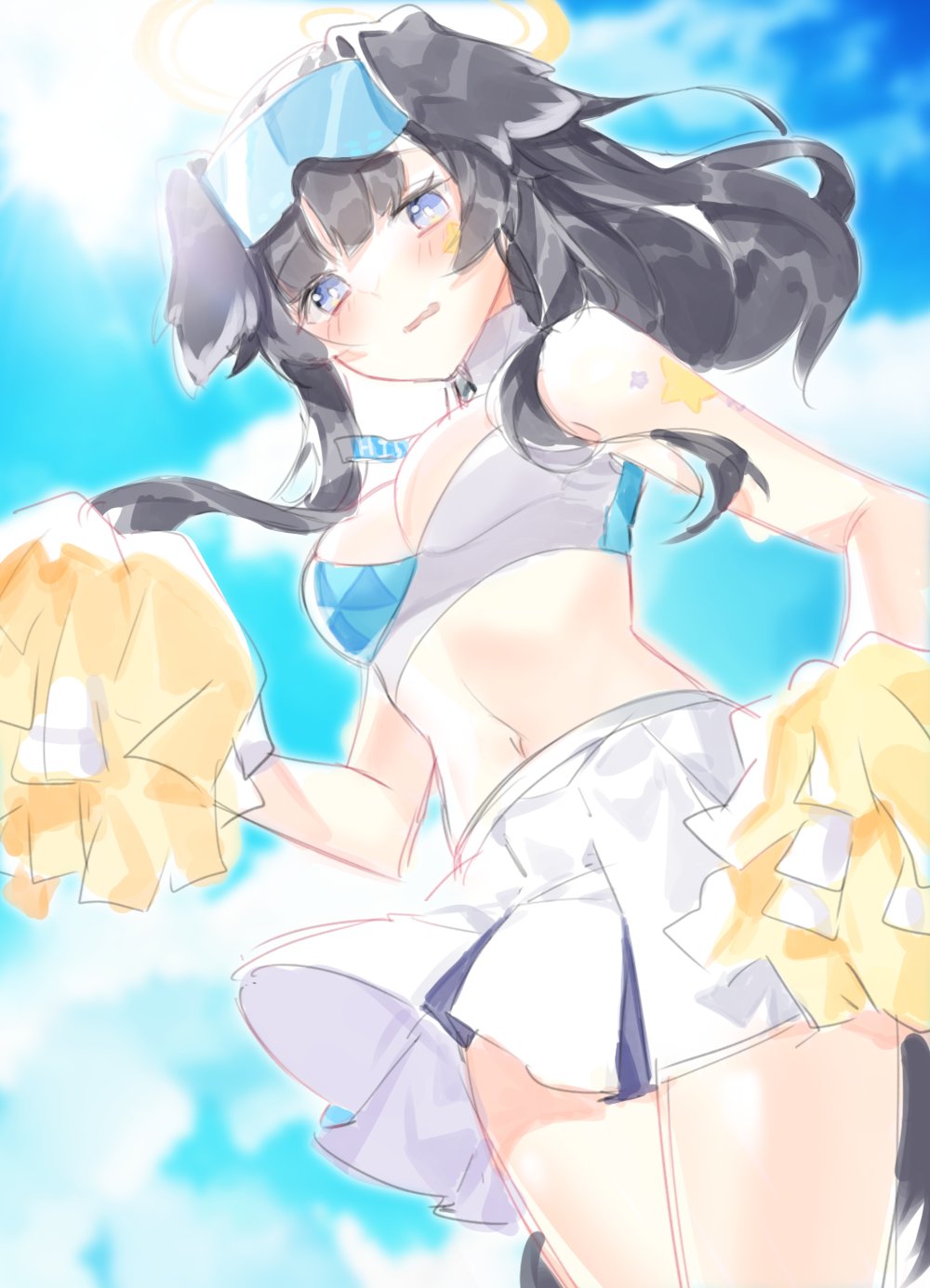1girl, animal_ears, black_hair, blue_archive, blue_eyes, blush, breasts, cheerleader