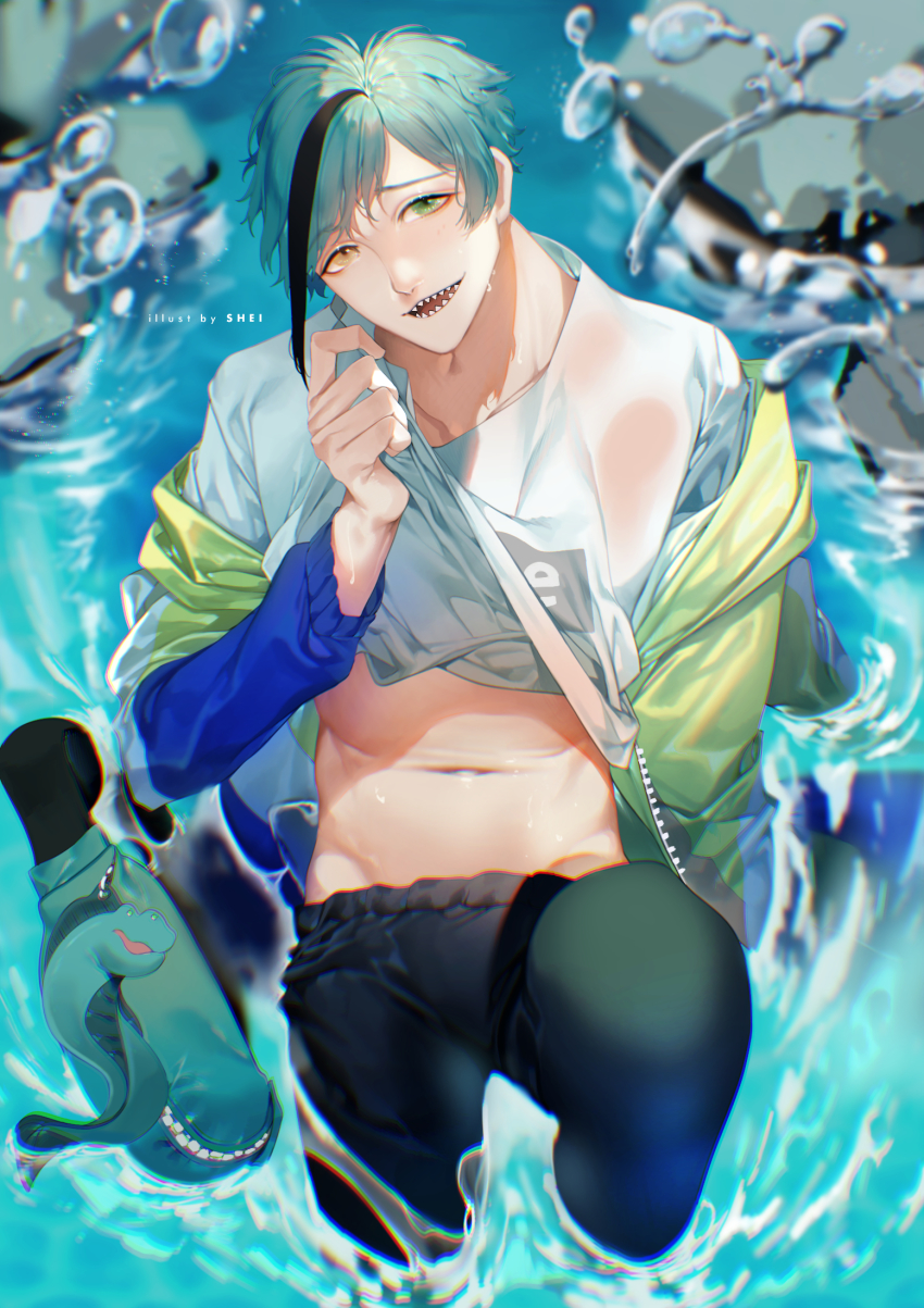 alternate_costume, black_hair, black_pants, blue_hair, clothes_lift, eel, floyd_leech, floyd_leech_(outdoor_wear), green_eyes, hair_between_eyes, heterochromia, highres, jacket, long_sleeves, male_focus, midriff, multicolored_hair, navel, open_mouth, pants, river, sharp_teeth, shei99, shirt, shirt_lift, stomach, streaked_hair, teeth, twisted_wonderland, wet, wet_hair, white_shirt, yellow_eyes