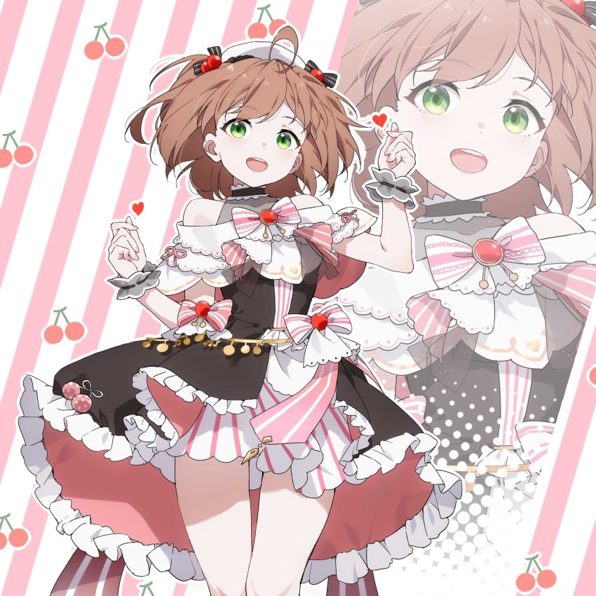 1girl, bare_legs, blouse, brown_hair, cherry, duoduo_poi, eyebrows_hidden_by_hair, food, fruit, green_eyes, hair_between_eyes, hair_ribbon, hat, heart, highres, looking_at_viewer, open_mouth, original, ribbon, shirt, short_hair, skirt, smile, solo, sylvia_(huajiuhuajiu), virtual_youtuber