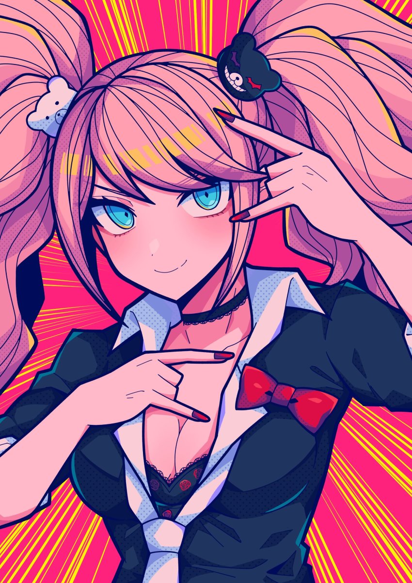 1girl, \n/, aqua_eyes, bear_hair_ornament, black_bra, black_choker, black_shirt, bra