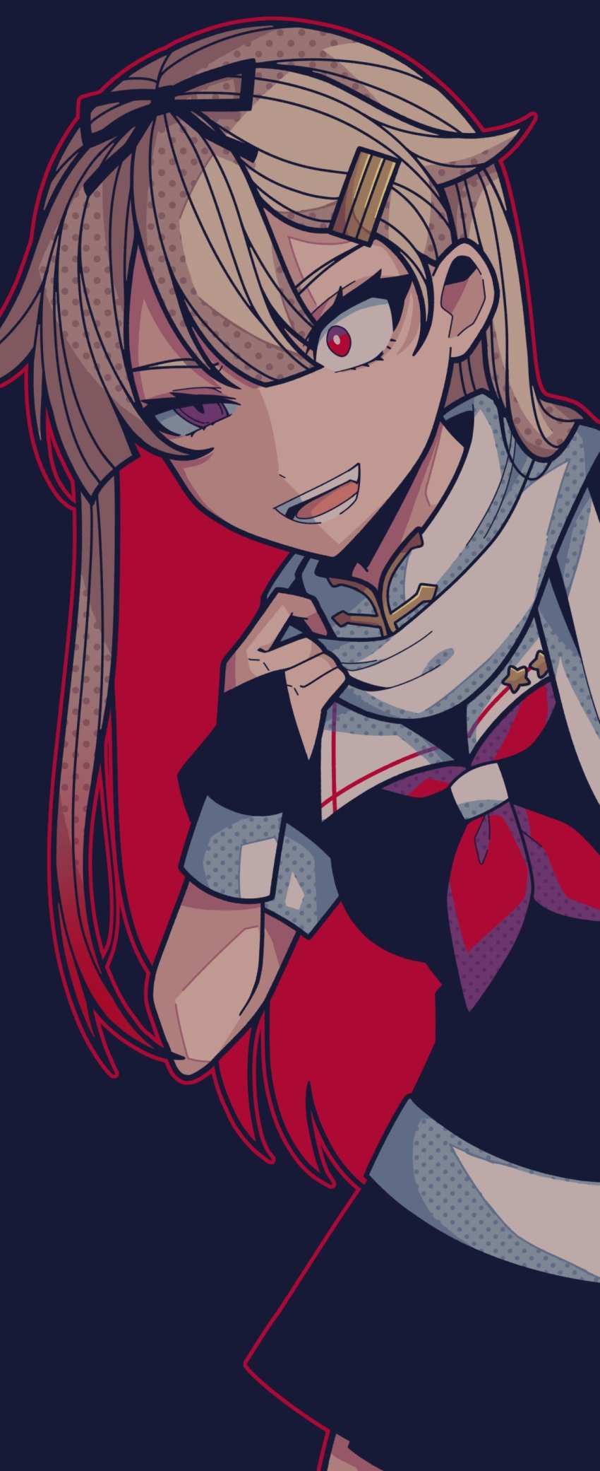 1girl, absurdres, black_background, black_gloves, black_ribbon, black_skirt, blonde_hair, breasts