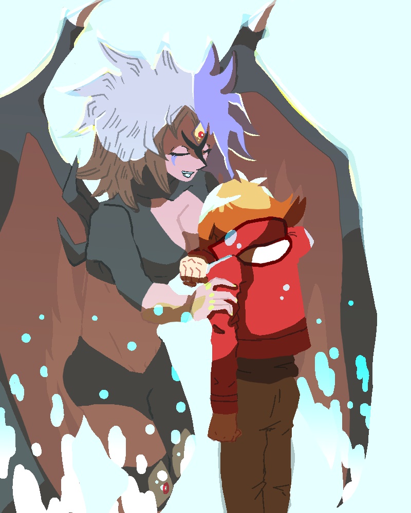 2017, big_hair, breasts, crying, death, demon, demon_wings, duel_academy_uniform_(yu-gi-oh!_gx), duel_monster, jacket, long_hair, long_sleeves, looking_at_another, multicolored_hair, red_jacket, ribbon, sad, school_uniform, shirt, short_hair, slifer_red_uniform, smile, third_eye, tsuru_hiromi, two-tone_hair, upper_body, voice_actor, voice_actor_connection, wind, wings, yu-gi-oh!, yu-gi-oh!_gx, yubel, yuki_judai