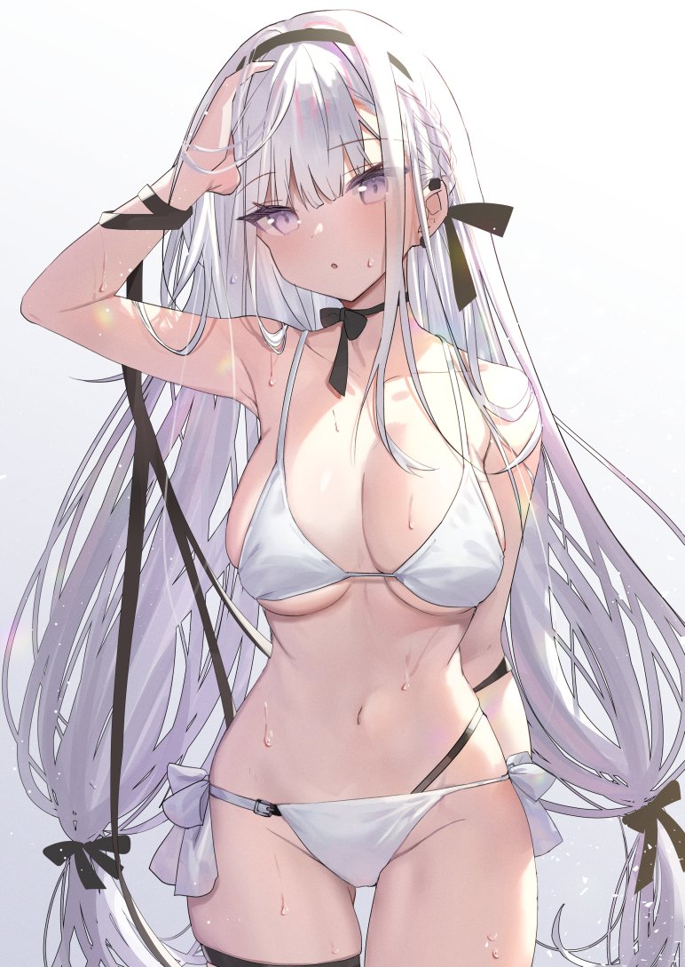 1girl, arm_behind_back, arm_on_own_head, arm_up, armpits, bare_shoulders, bikini, black_hairband