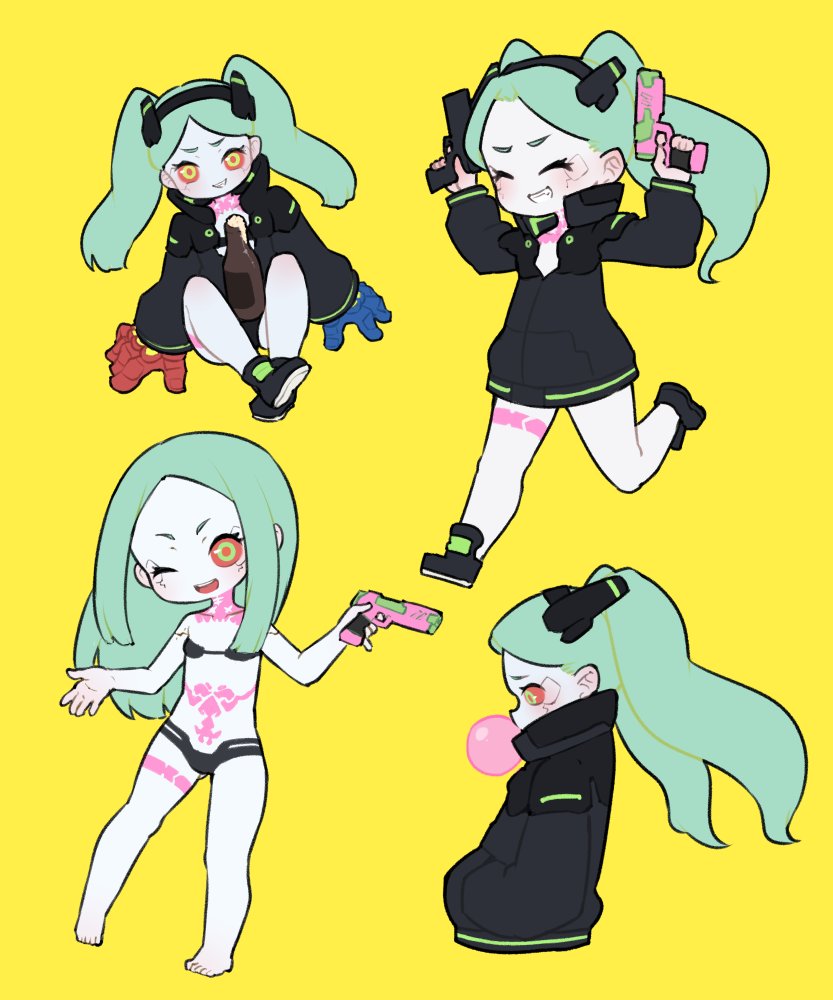 1girl, alcohol, barefoot, black_bra, black_footwear, black_jacket, black_panties, blowing_bubble_gum