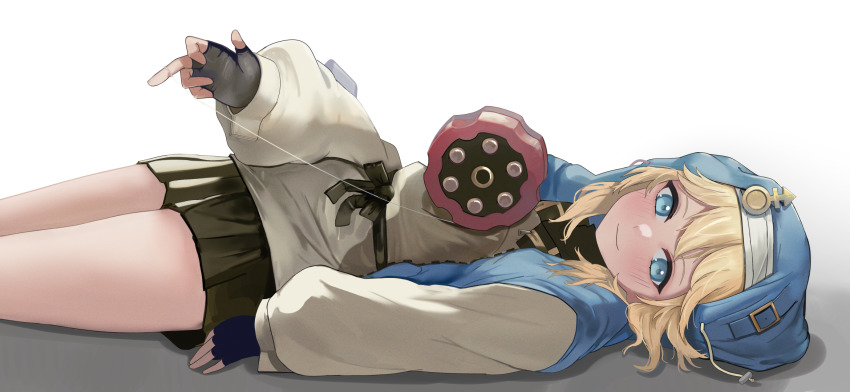 1boy, androgyne_symbol, black_gloves, blonde_hair, blue_eyes, blue_jacket, blush, bridget_(guilty_gear)