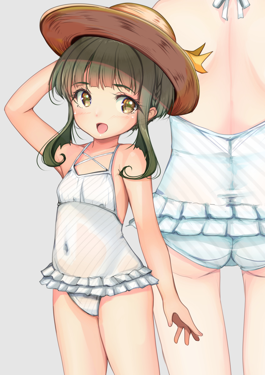1girl, absurdres, adapted_costume, ass, bob_cut, braid, breasts, brown_eyes, brown_headwear, commentary_request, covered_navel, female_focus, frilled_one-piece_swimsuit, frilled_swimsuit, frills, green_hair, hat, highres, kantai_collection, loli, multiple_views, official_alternate_costume, one-piece_swimsuit, short_hair, sidelocks, small_breasts, sun_hat, swimsuit, takanami_(kancolle), takanami_(swimsuit)_(kancolle), white_one-piece_swimsuit, yashin_(yasinz), zoom_layer